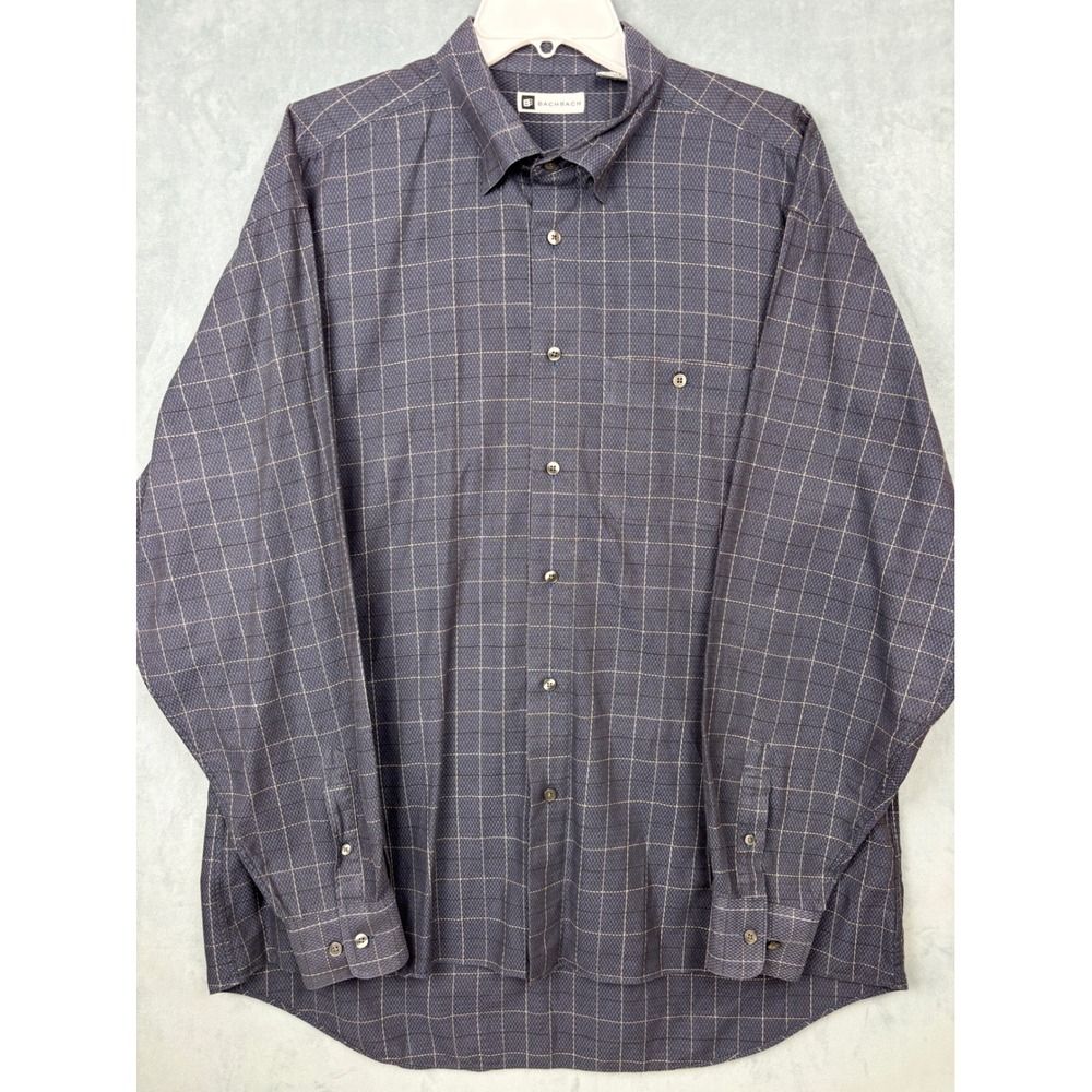 Bachrach Mens XL Blue Herringbone Grid Check Cotton Button Down Shirt LS